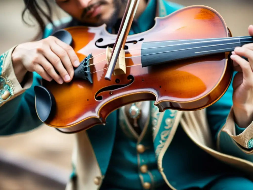 Un virtuoso músico gitano toca con pasión su violín decorado, inmerso en una improvisación llena de emoción