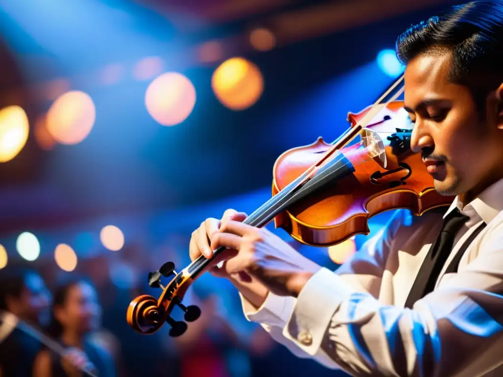 Un virtuoso músico toca con gracia y precisión el violín en una animada fiesta