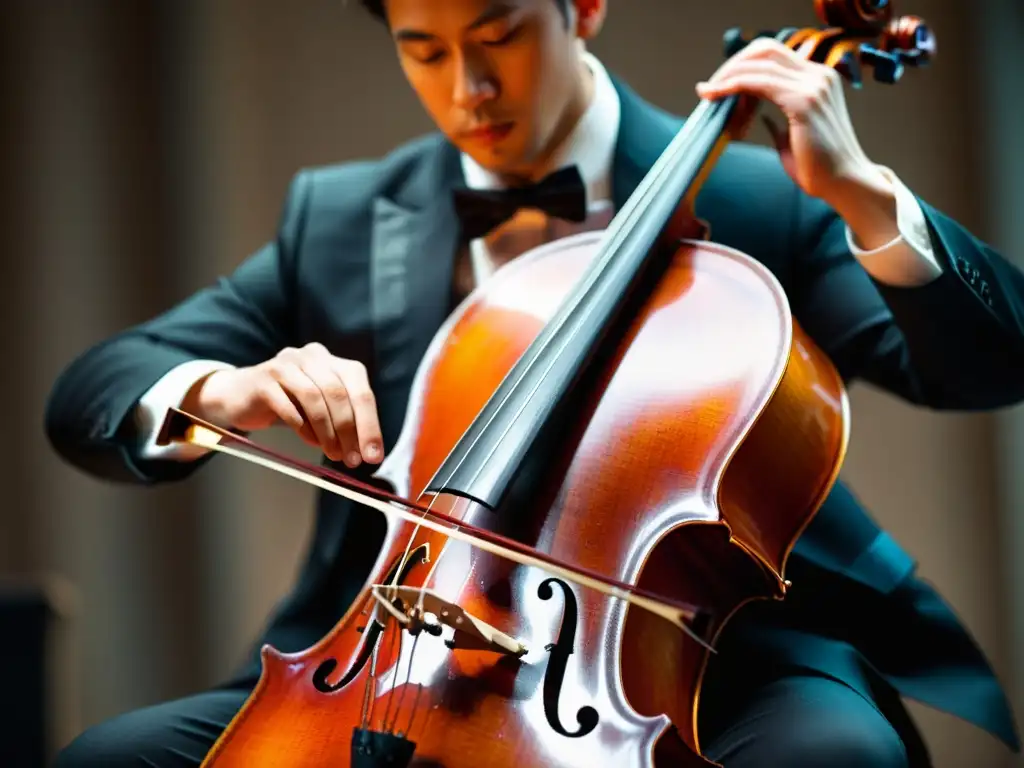 Músico experto tocando el violonchelo con pasión Un virtuoso músico interpreta con pasión su violonchelo en una emotiva escena, capturando la intensidad de la música