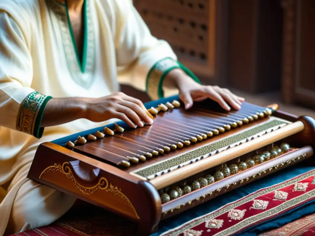 Un virtuoso músico ejecuta el santoor persa con maestría, destacando la artesanía detallada del instrumento y la rica herencia musical de Persia