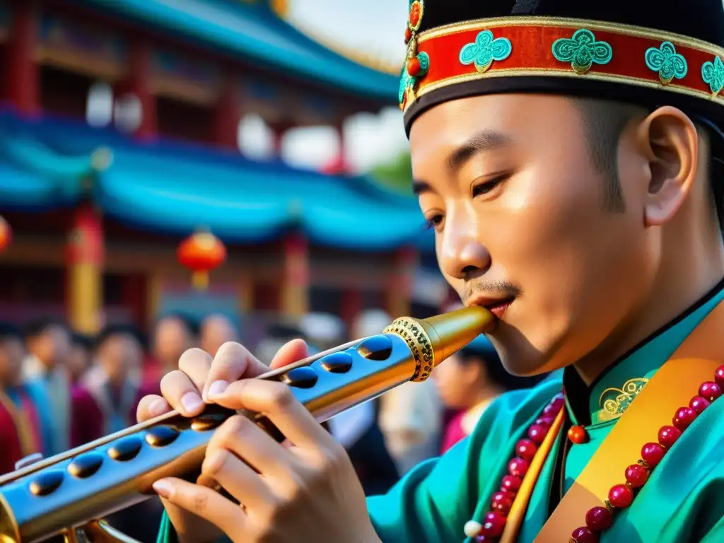 Un virtuoso músico toca la suona, instrumento de viento chino, durante un vibrante festival cultural