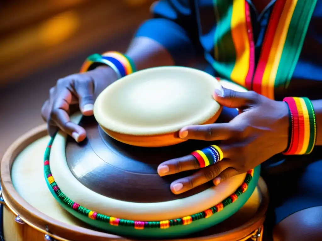 Un virtuoso percusionista toca el pandeiro brasileño, mostrando las técnicas intricadas