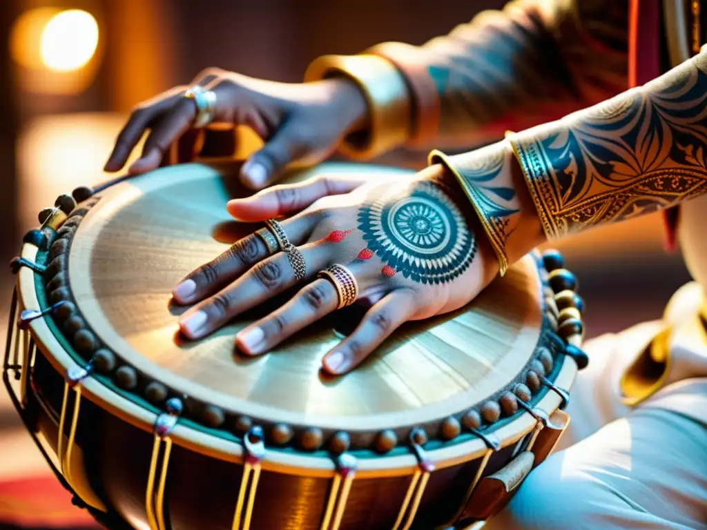 Un virtuoso tocando el tabla india con manos tatuadas, joyas tradicionales y una iluminación ambiental que realza su maestría