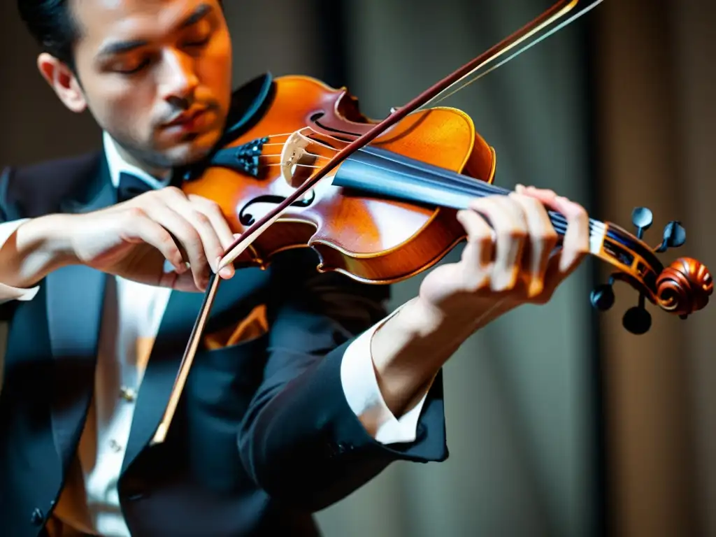 Un virtuoso del violín ejecuta la técnica interpretativa bariolage con precisión, resaltando la tensión y la gracia de sus movimientos