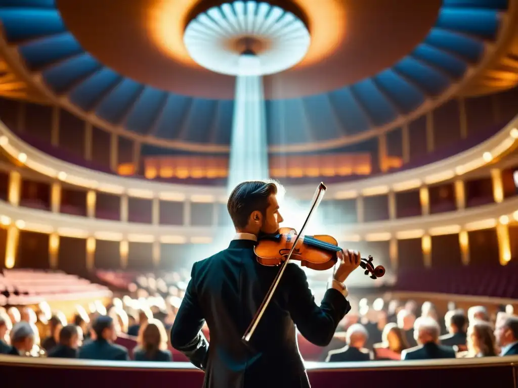 Un virtuoso del violín ejecuta técnicas avanzadas en un majestuoso escenario, envuelto en la cálida luz del foco