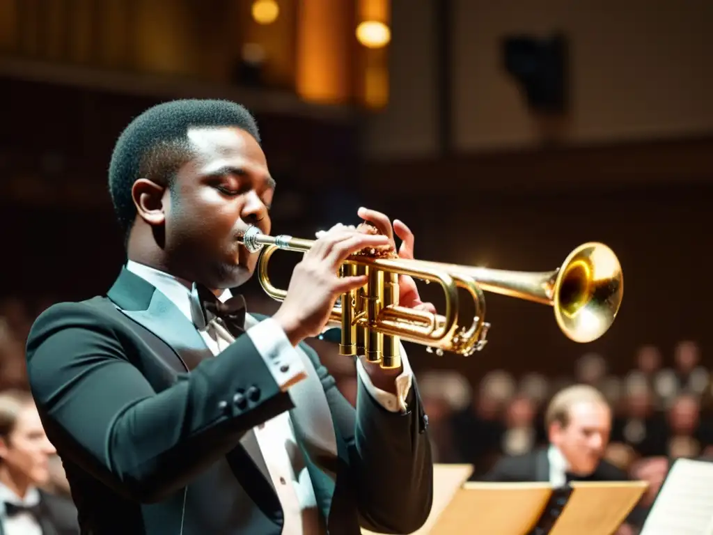 Un virtuoso de la trompeta emociona en un concierto de música clásica, mostrando pasión y destreza