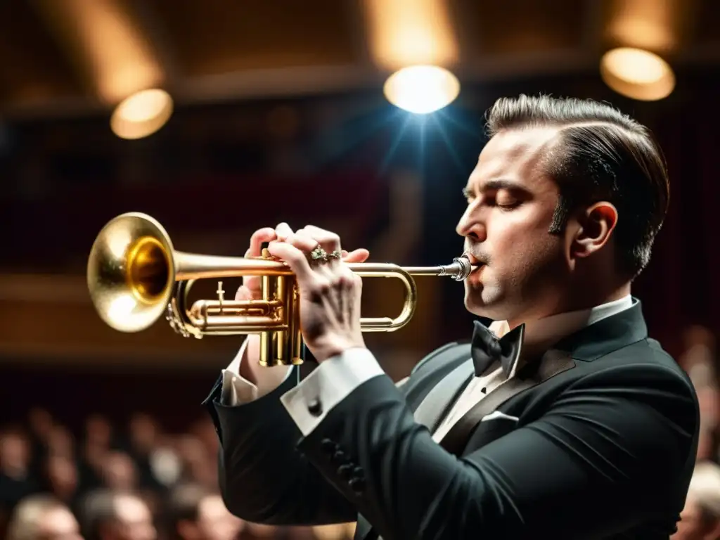 Un virtuoso de la trompeta deslumbra en un majestuoso escenario, transmitiendo emoción y destreza en una actuación inolvidable