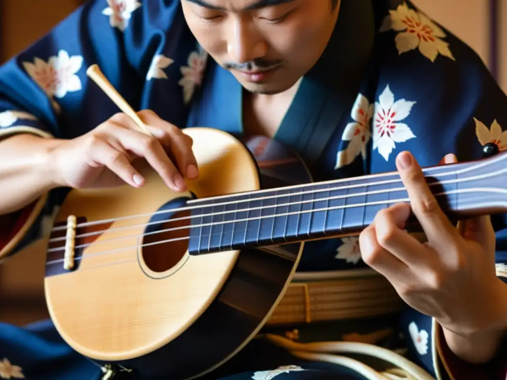 Un virtuoso del Tsugaru Shamisen japonés, con manos ágiles y calluses marcados, crea melodías cautivadoras en la penumbra