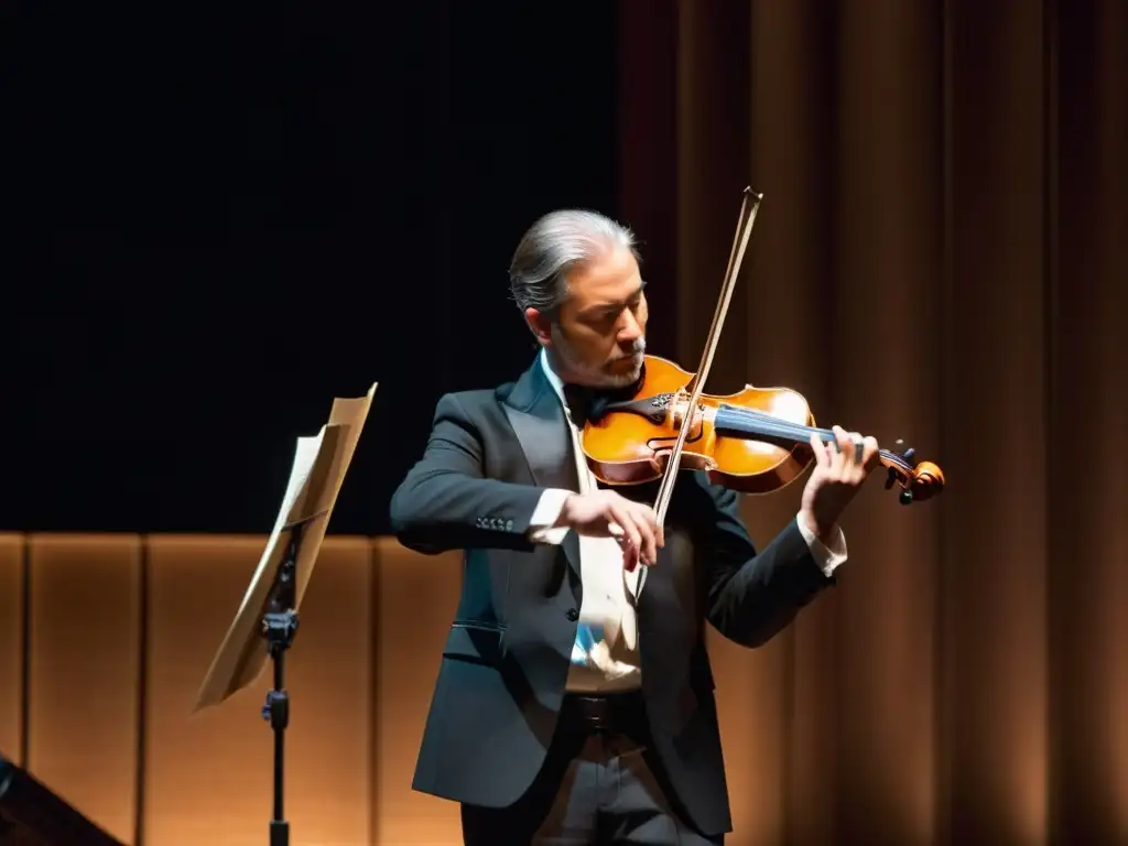 Un virtuoso del violín interpreta con pasión en un escenario iluminado