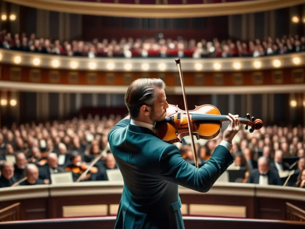 Un virtuoso del violín del siglo XIX cautiva a una audiencia elegante en un majestuoso teatro