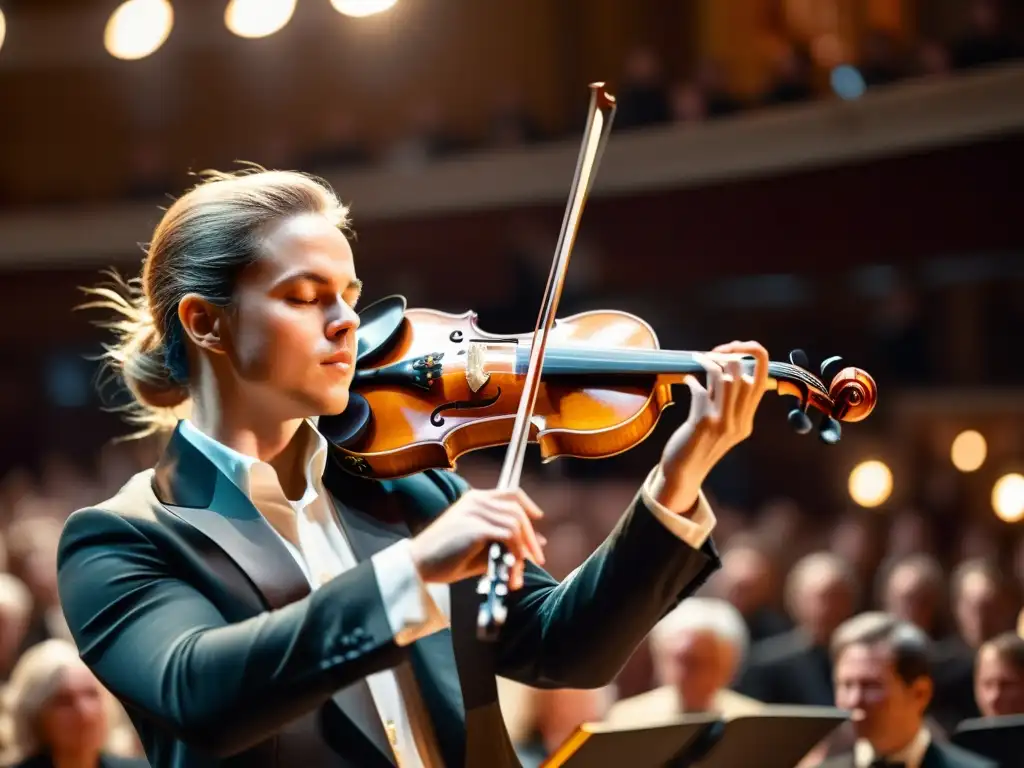 Un virtuoso violinista actuando en uno de los concursos de violín más prestigiosos del mundo, con una audiencia cautivada por su arte