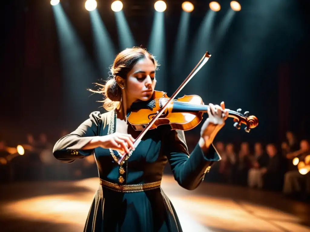 Un virtuoso violinista gitano improvisa con pasión en un escenario iluminado, cautivando al público