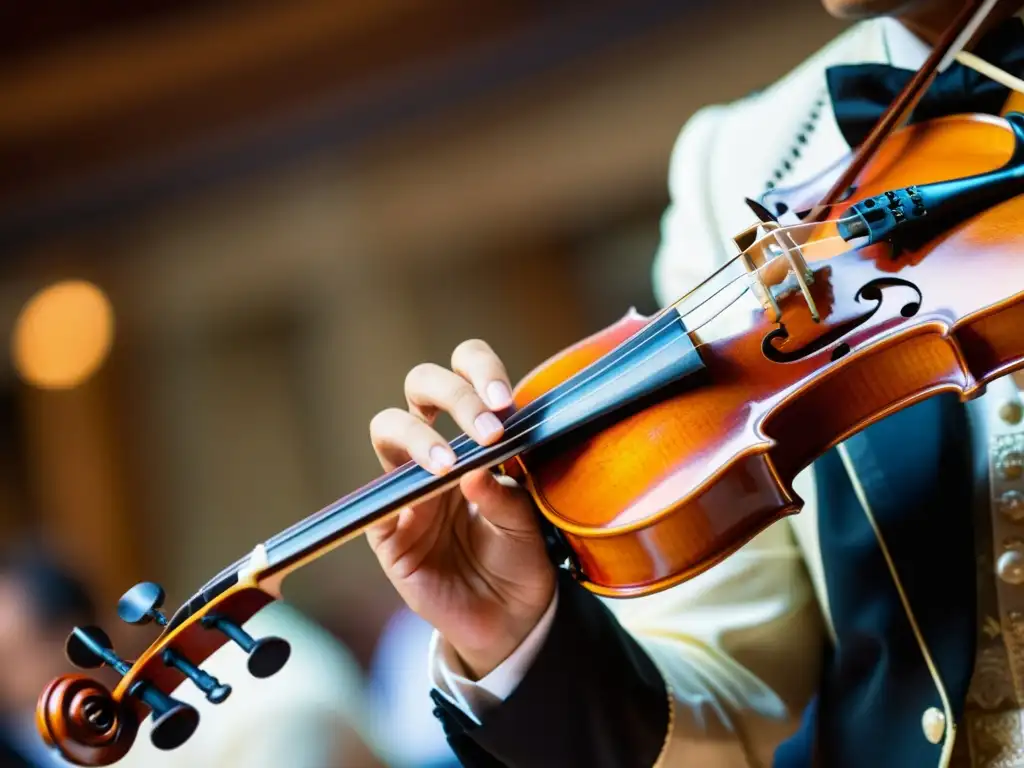 Un virtuoso violinista de mariachi interpreta apasionadamente, resaltando la importancia del violín en el mariachi con su destreza y emoción