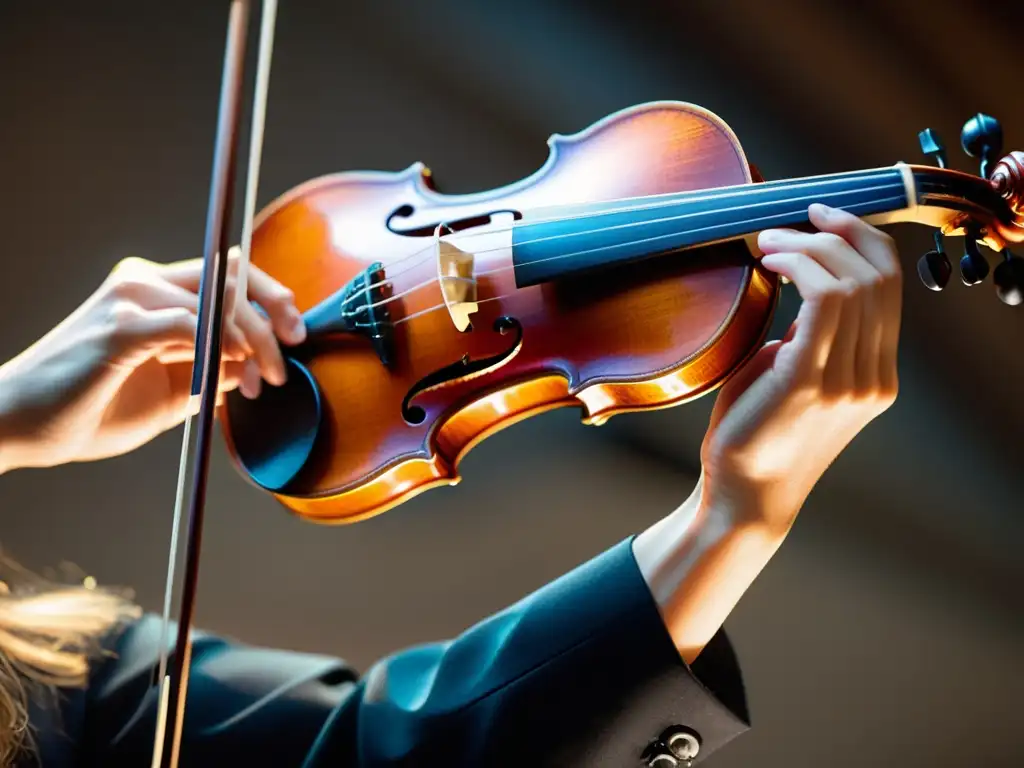 Un virtuoso violinista ejecutando técnicas legato en instrumentos de cuerda, destreza y pasión en cada nota