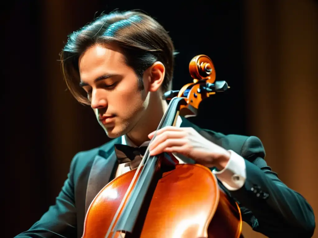 El virtuoso violonchelista irradia emoción y destreza al interpretar, destacando la elegancia del instrumento