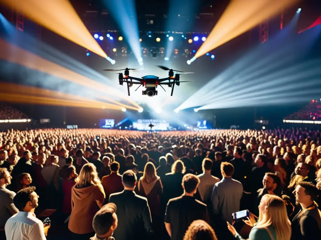 Vista aérea detallada de concierto con drone, energía del público, luces de escenario y colaboración aérea música drones