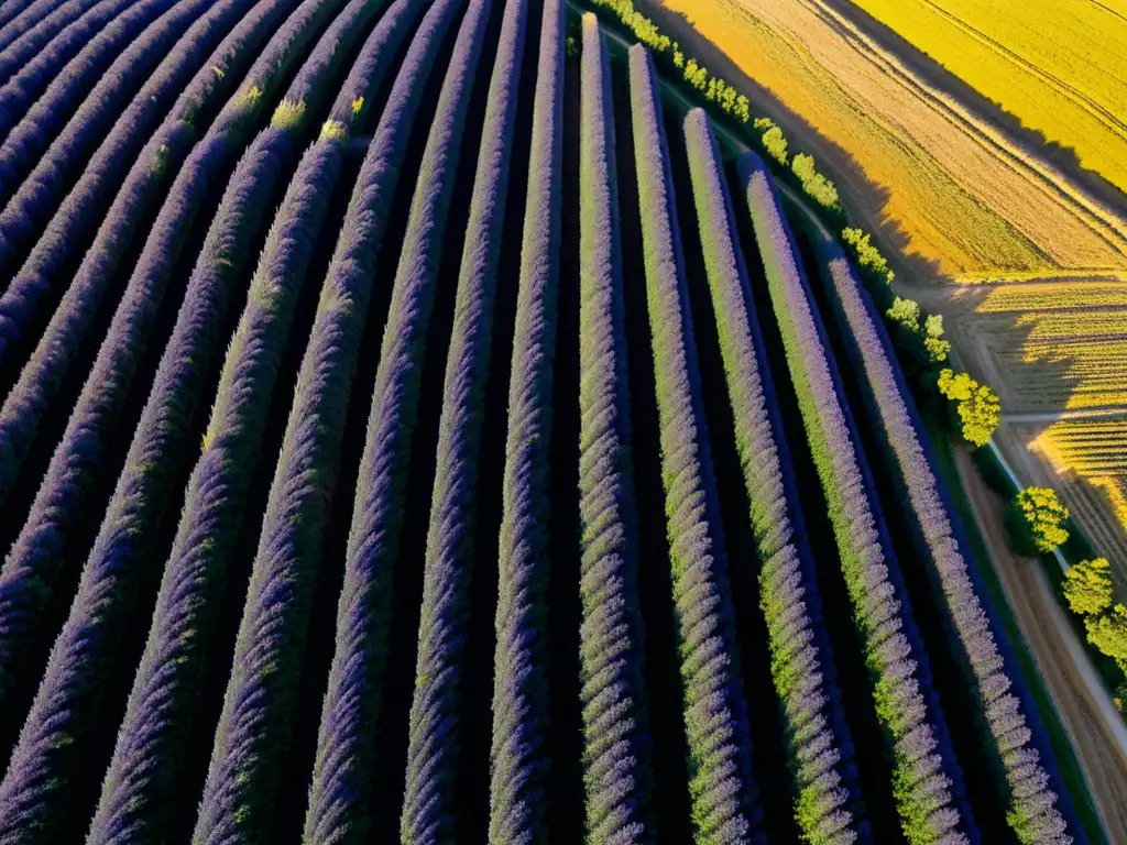 Vista aérea del Festival de la Lavanda en Provenza: campos morados, colinas iluminadas por el sol y un encantador pueblo en el fondo