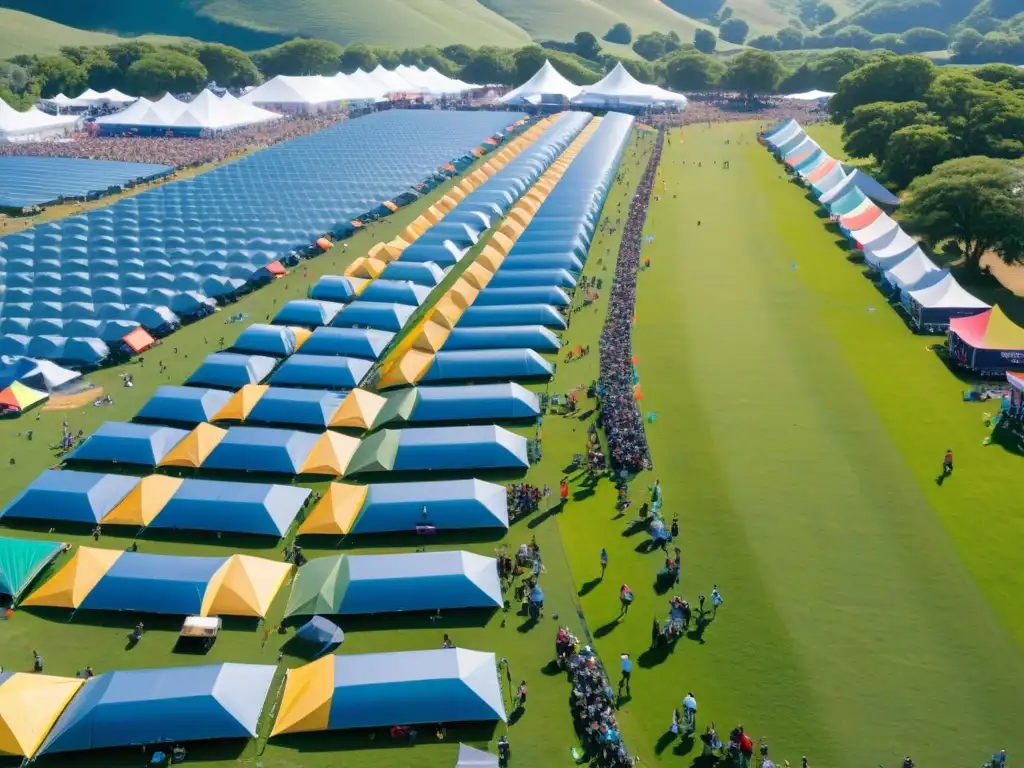 Vista aérea de festival musical sostenible con coloridas carpas, escenario, energía vibrante y conciencia ambiental