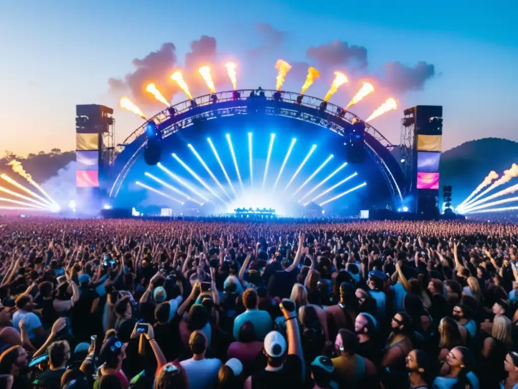 Vista aérea de impacto cultural festivales música electrónica con multitud vibrante, luces deslumbrantes y energía electrificante