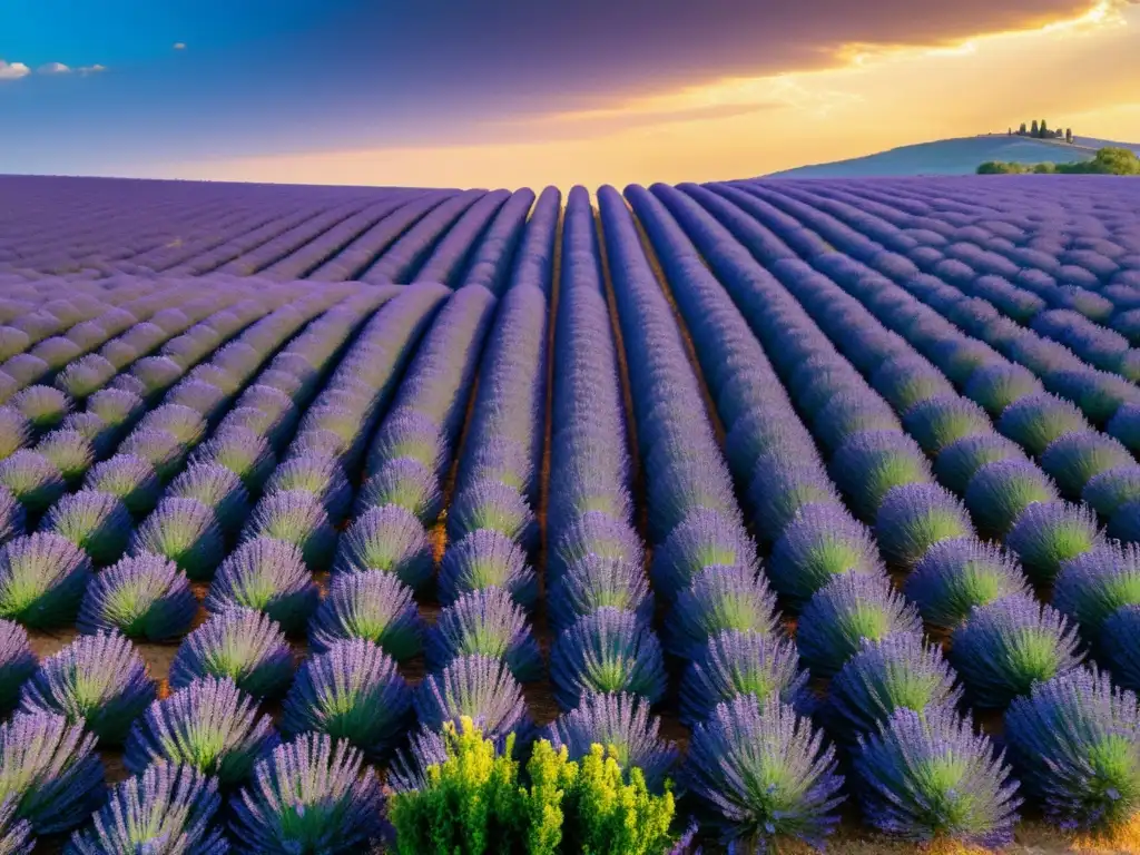 Vista aérea impresionante del Festival de la Lavanda Provenza, con campos de flores moradas y colinas doradas al fondo