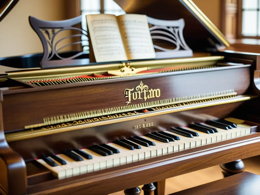 Una vista detallada en 8k de un hermoso fortepiano de la era clásica, mostrando su intrincada carpintería y delicadas teclas de marfil