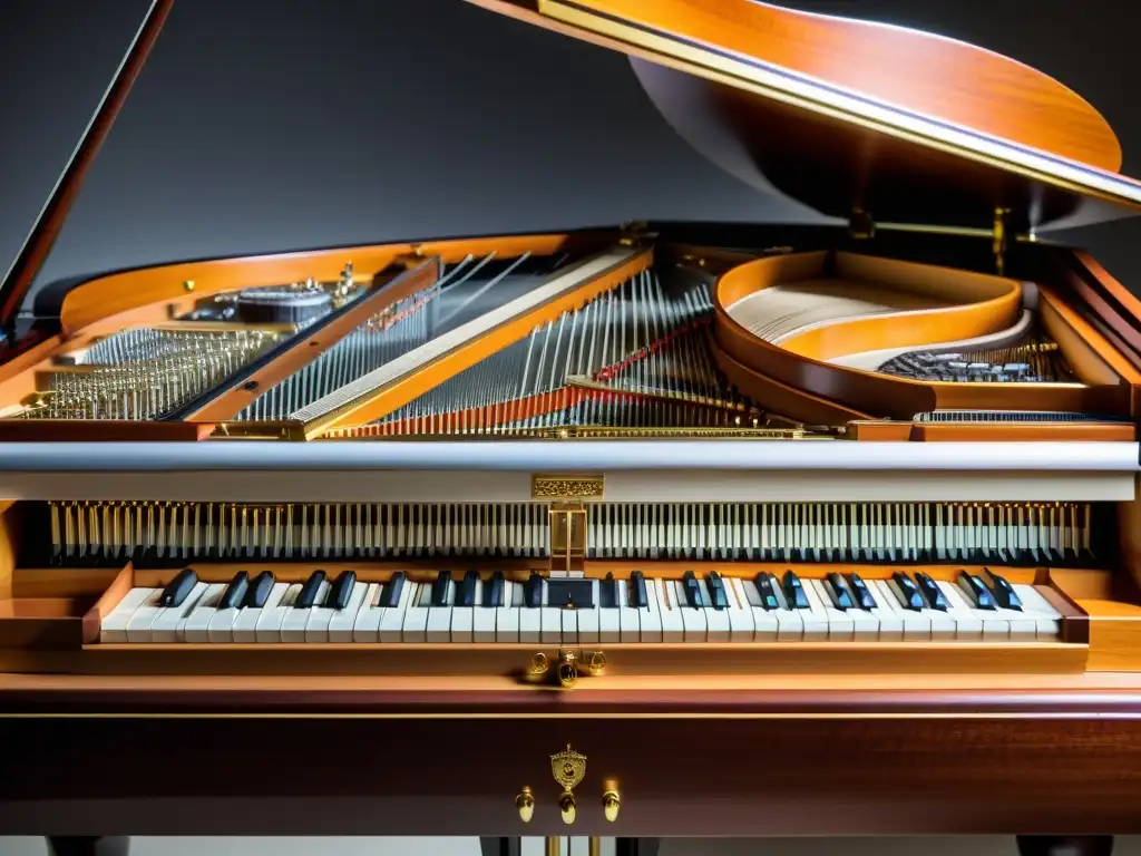 Una vista detallada del interior de un pianoforte moderno, resaltando la artesanía y la historia del pianoforte moderno