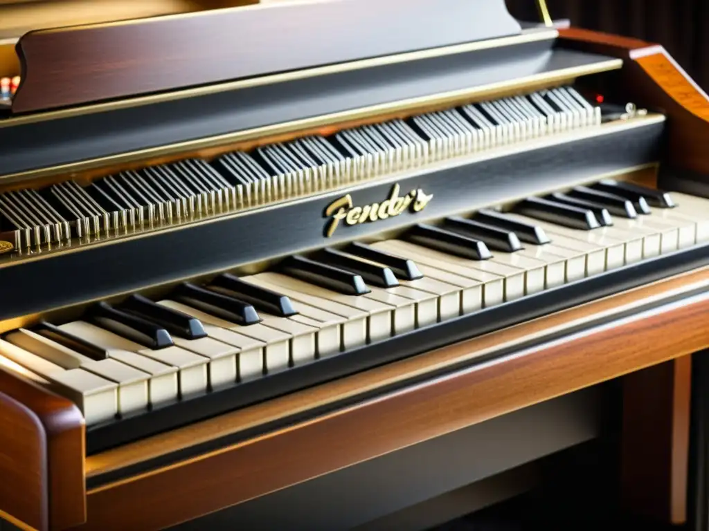 Una vista detallada de un piano eléctrico Fender Rhodes vintage, resaltando los detalles intrincados de las teclas, martillos y mecanismos internos