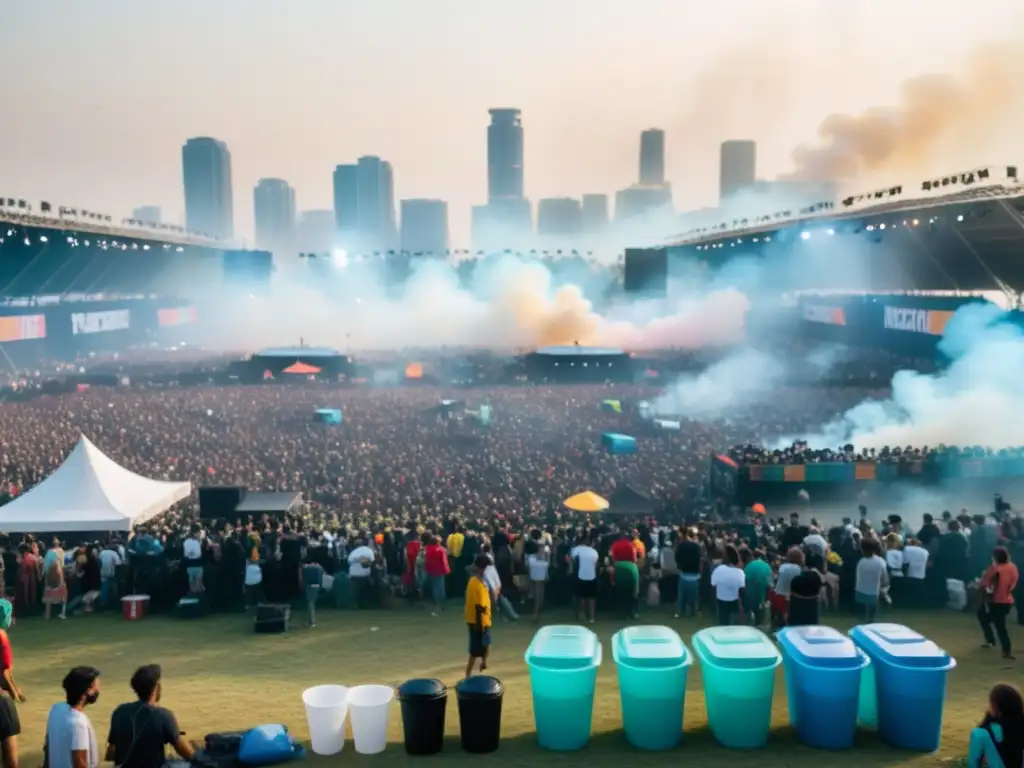 Vista panorámica de un festival de música con multitudes alrededor del escenario, destacando el impacto ambiental de la industria musical