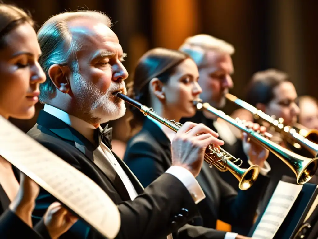 Un vistazo detallado a la sección de vientos de una orquesta sinfónica, destacando la pasión y destreza en las orquestaciones de cine con vientos