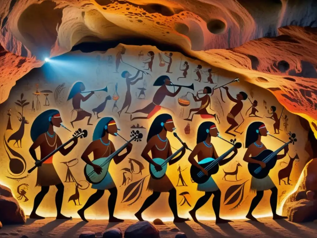 Vívida pintura rupestre de prehistóricos tocando instrumentos de cuerda, iluminados por el fuego en una cueva