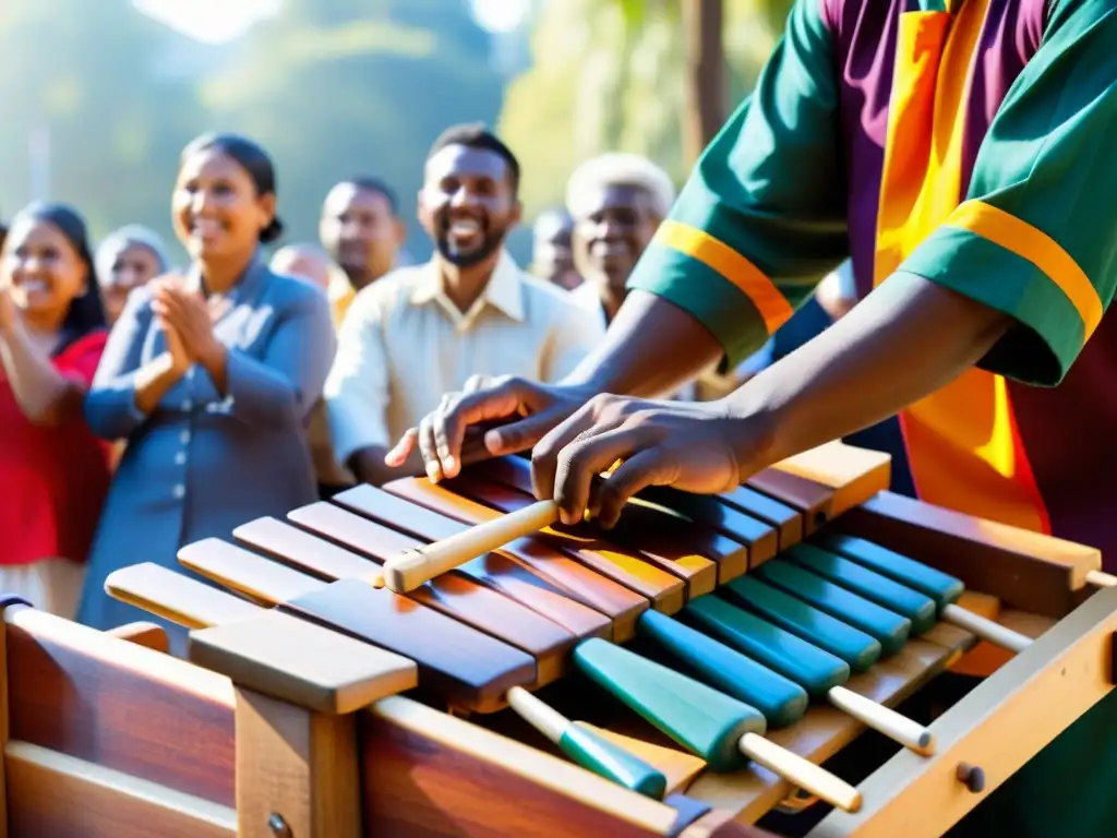 Un xylophone tradicional siendo tocado durante un festival cultural, con colores vibrantes y detalles en las barras de madera