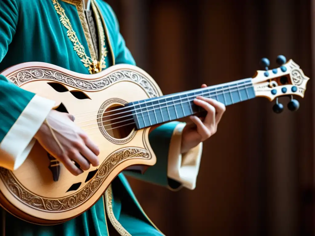 Una zanfona medieval con tallados en madera y detalles metálicos, iluminada suavemente resaltando la artesanía y tradición musical